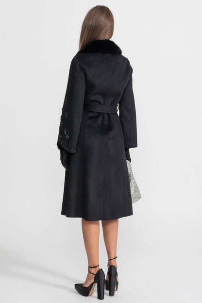 Women's Wool & Cashmere Overcoat | Fox Fur Collar | Crystal Embellished Sleeves, Black, Belted Wrap Coat | Steven & Levon