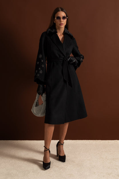 Women's Wool & Cashmere Overcoat | Fox Fur Collar | Crystal Embellished Sleeves, Black, Belted Wrap Coat | Steven & Levon