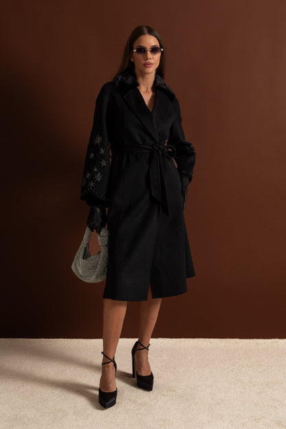 Women's Wool & Cashmere Overcoat | Fox Fur Collar | Crystal Embellished Sleeves, Black, Belted Wrap Coat | Steven & Levon