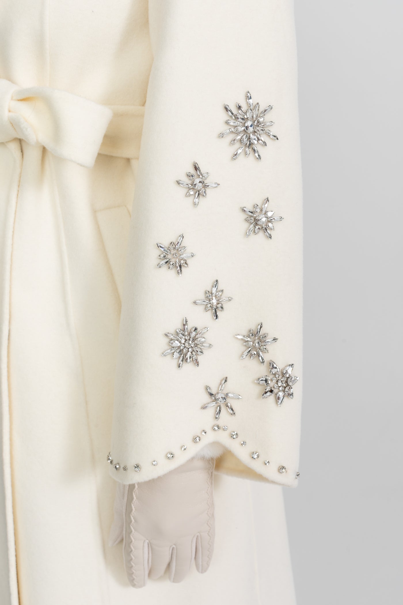 Women's Wool & Cashmere Overcoat | Fox Fur Collar | Crystal Embellished Sleeves, Belted Wrap Coat | Steven & Levon