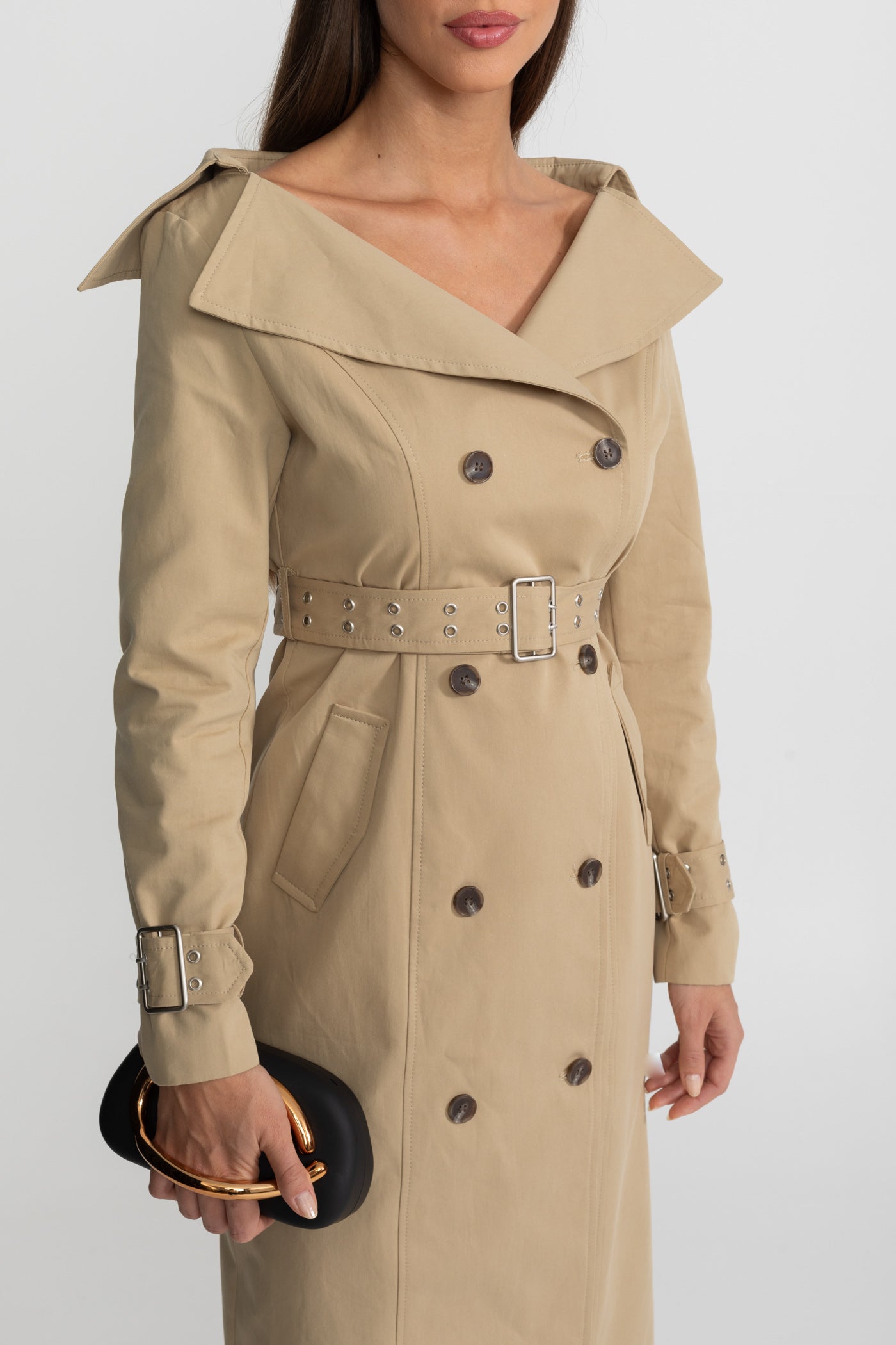 Off-Shoulder Double-Trench Coat | Women | Off-Shoulder | Double-Breasted | Belted Waist | Khaki | Steven & LevonTrench Coat Dress With Belted Waist – Brown