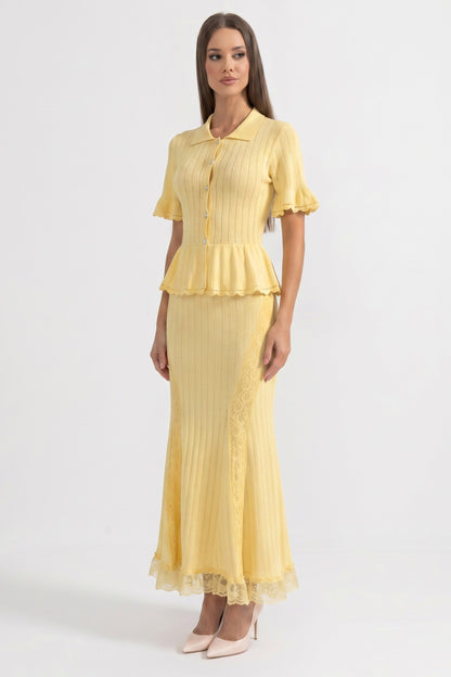 Peter Pan Collar Knit Maxi Dress | Women's Peplum Knit Dress | Lace Hem | Yellow | Steven & Levon
