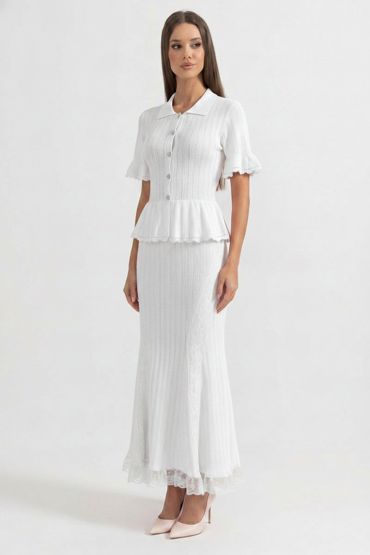 Peter Pan Collar Knit Maxi Dress | Women's Peplum Knit Dress | Lace Hem | White | Steven & Levon