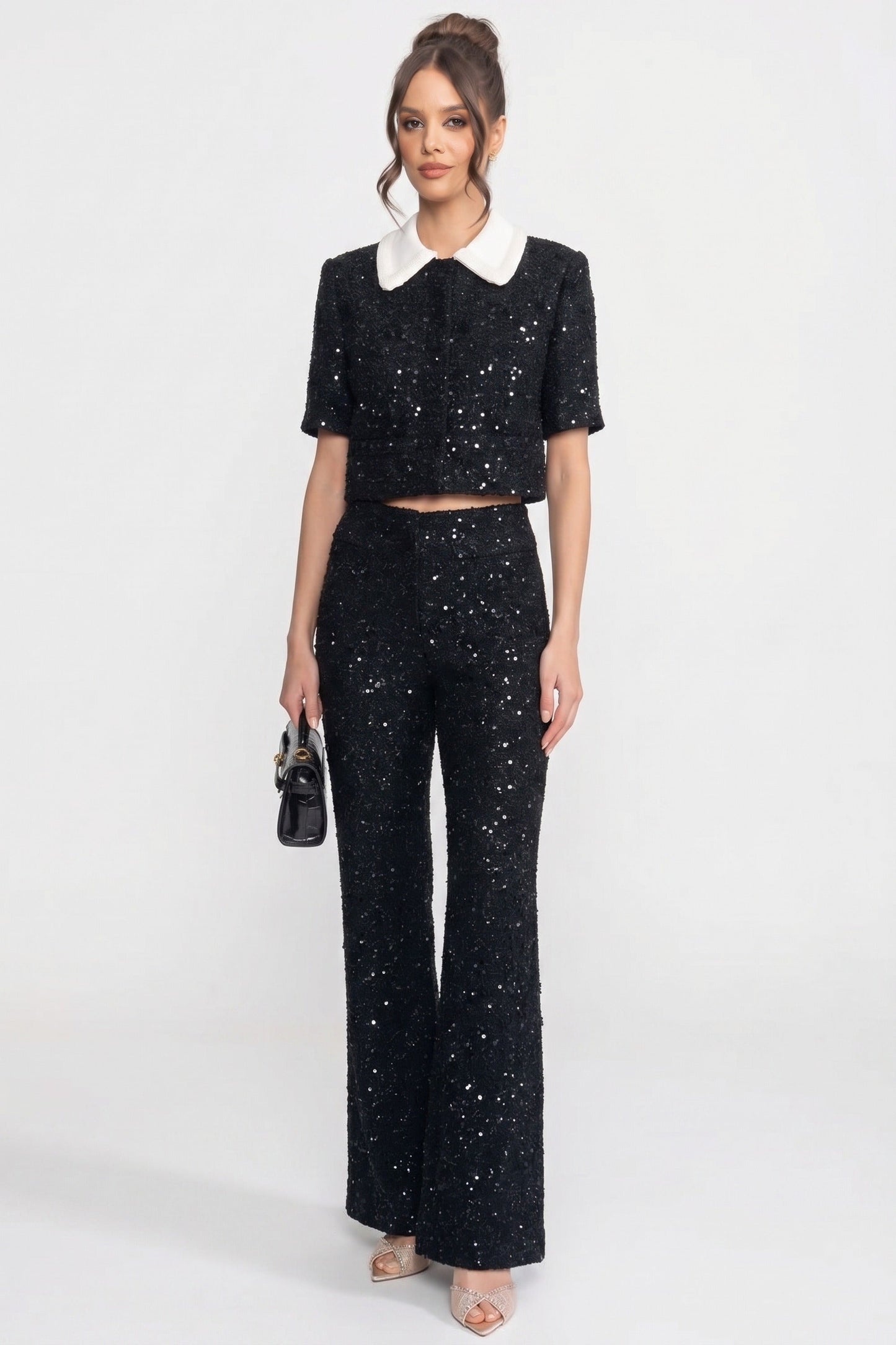 Tweed Cropped Jacket | Women | Contrast Collar | Sequin Detail | Black | Steven & Levon