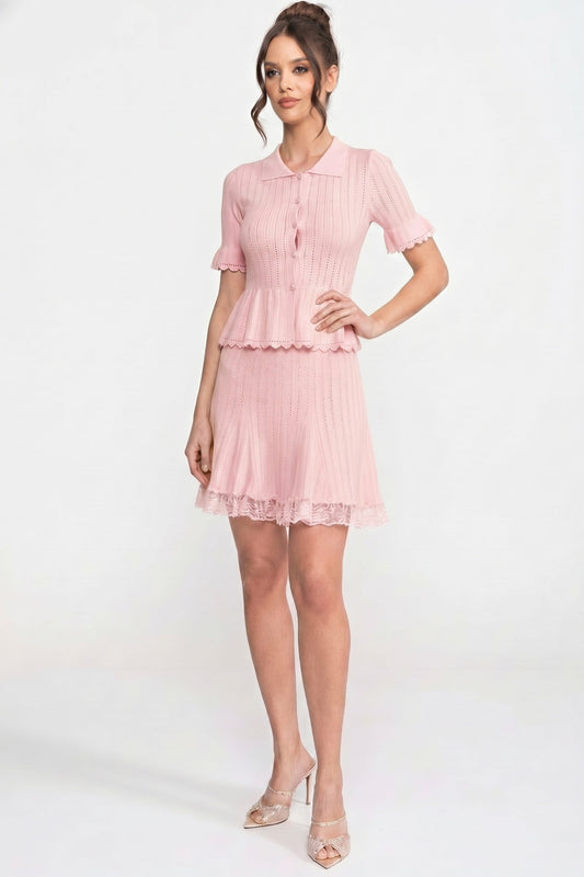Peter Pan Collar Knit Top & Skirt Set | Women | Lace Hem | Button Front | Pink | Steven & Levon