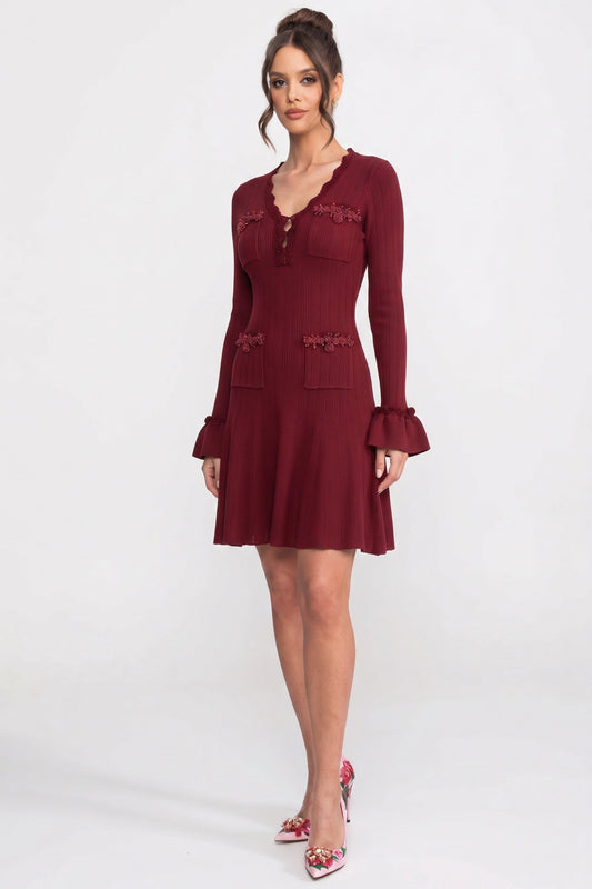 V-Neck Knit Midi Dress | Women's Long Sleeve Knit Dress | Ruffle Hem | Bow Cuffs | Burgundy | Steven & Levon