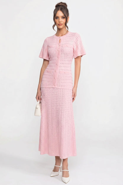 Short Sleeve Midi Dress | Women | Shimmer Knit Texture | Pink | Lightweight Elegant Dress | Steven & Levon