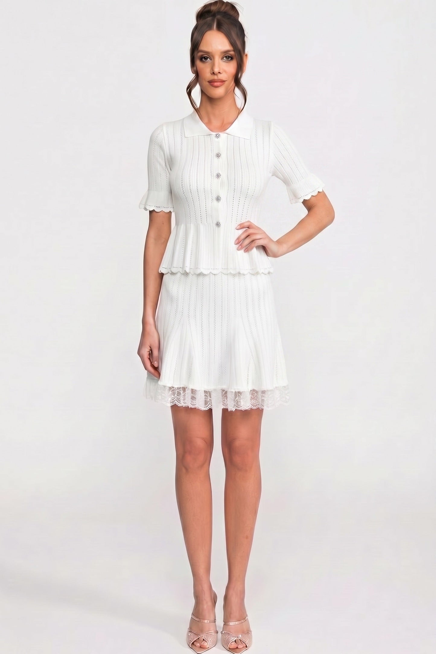 Peter Pan Collar Knit Top & Skirt Set | Women | Lace Hem | Button Front | White | Steven & Levon