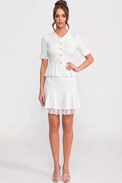 Peter Pan Collar Knit Top & Skirt Set | Women | Lace Hem | Button Front | White | Steven & Levon