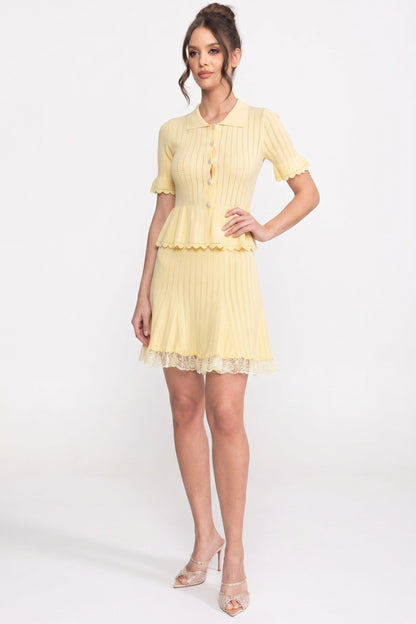 Peter Pan Collar Knit Mini Dress | Women's Peplum Knit Dress | Lace Hem | Yellow | Steven & Levon