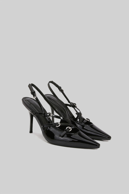 Glossy Slingback Heels | Women | Pointed Toe | Black | Elegant Dress Shoes | Steven & Levon