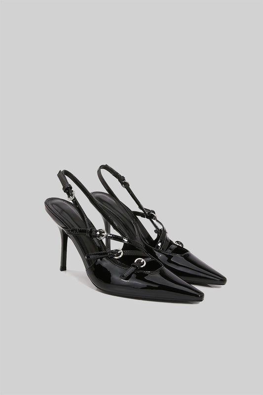 Glossy Slingback Heels | Women | Pointed Toe | Black | Elegant Dress Shoes | Steven & Levon