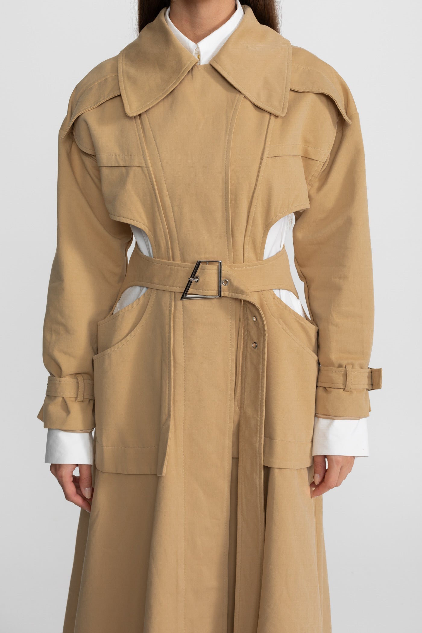 Women's Cutout Trench Coat | Beige | Belted Waist | Utility Pockets | Steven & Levon