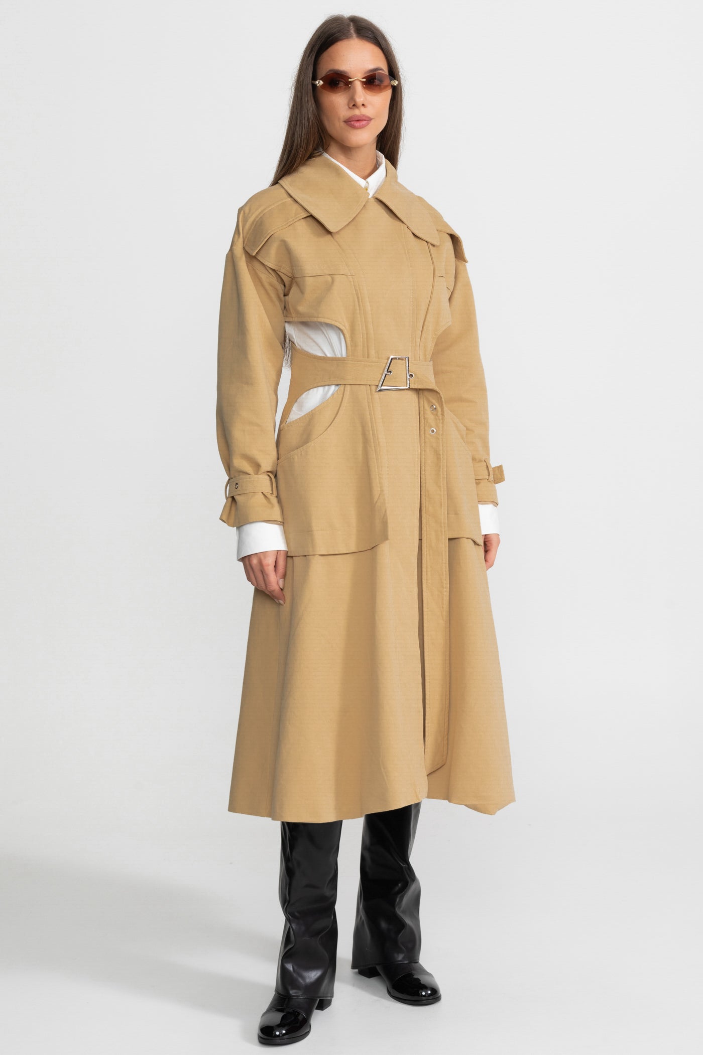 Women's Cutout Trench Coat | Beige | Belted Waist | Utility Pockets | Steven & Levon