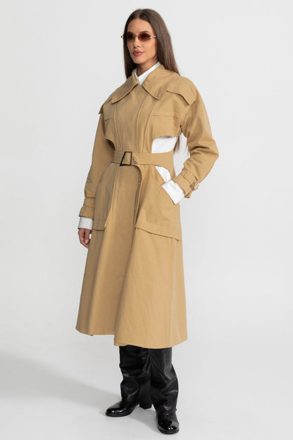 Women's Cutout Trench Coat | Beige | Belted Waist | Utility Pockets | Steven & Levon