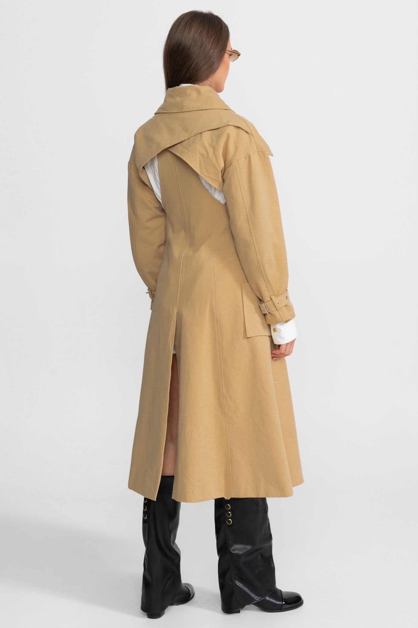 Women's Cutout Trench Coat | Beige | Belted Waist | Utility Pockets | Steven & Levon