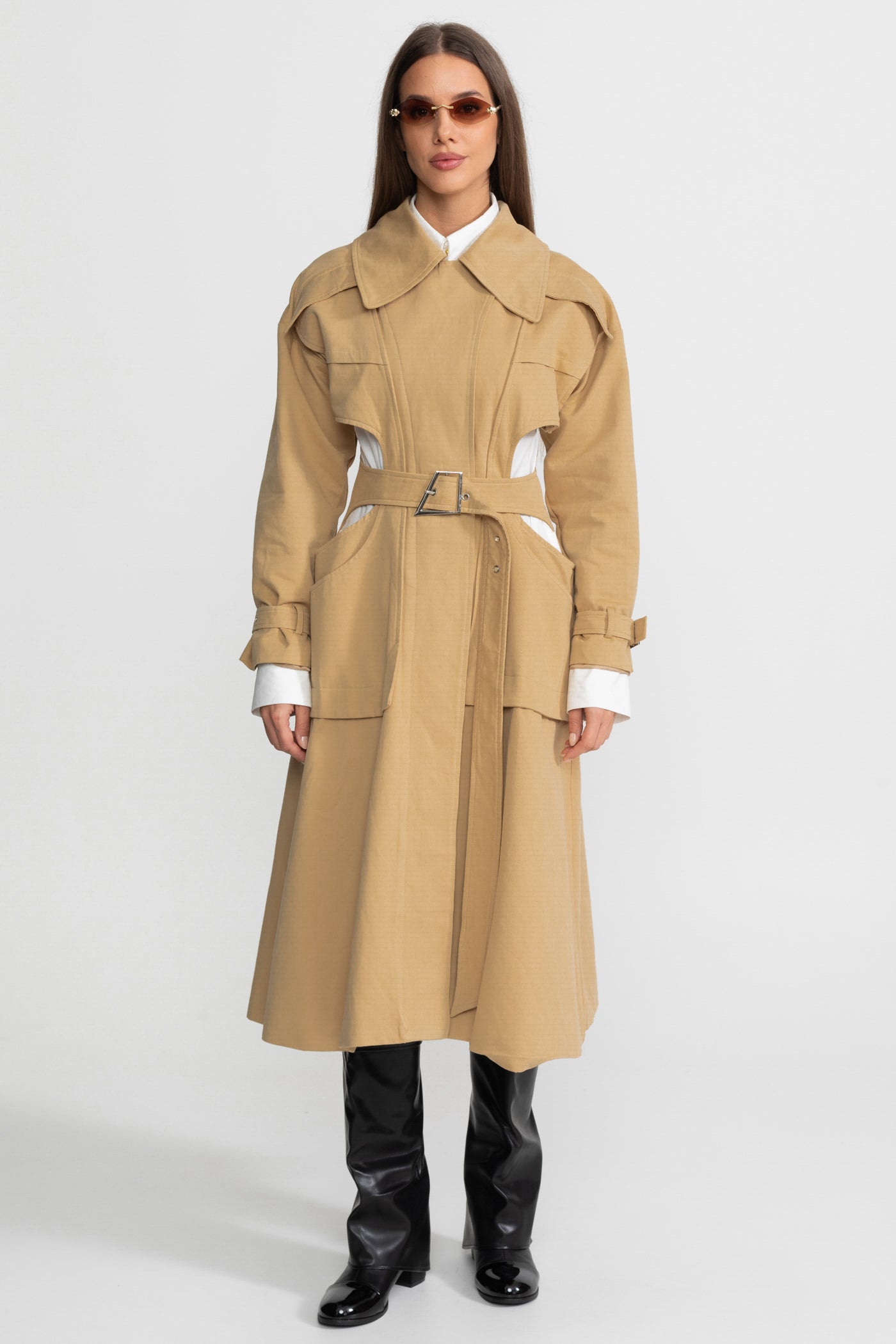 Women's Cutout Trench Coat | Beige | Belted Waist | Utility Pockets | Steven & Levon