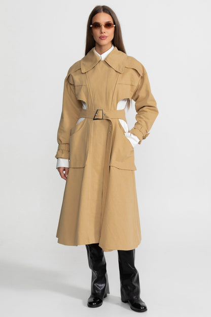 Women's Cutout Trench Coat | Beige | Belted Waist | Utility Pockets | Steven & Levon