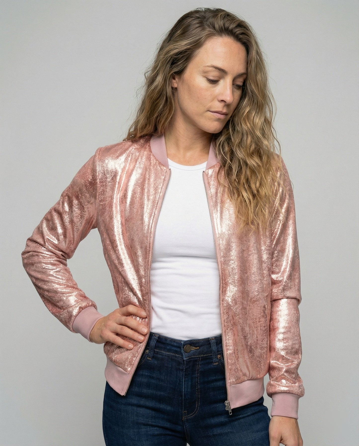 Shiny Bomber Jacket | Women | Zip Front | Lightweight Outerwear | Steven & Levon