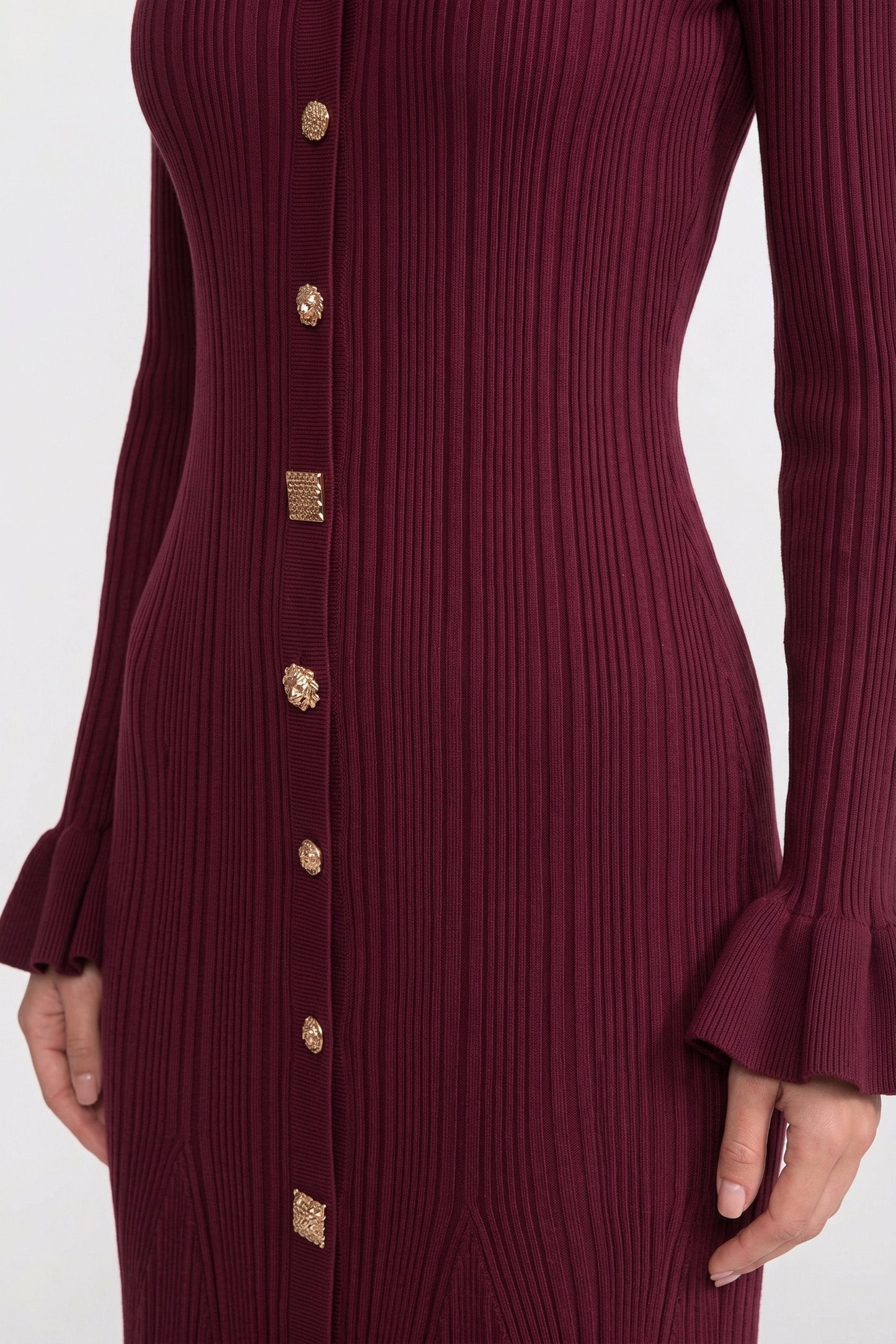 V Neck Ribbed Knit Maxi Dress | Women | Button Front | Ruffle Cuffs | Burgundy | Steven & Levon