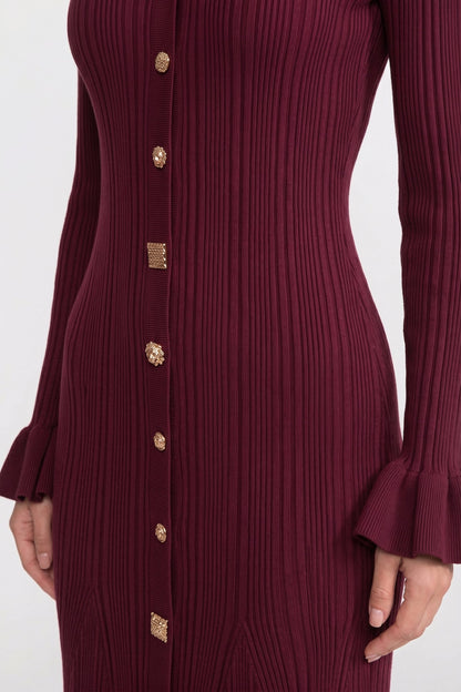 V Neck Ribbed Knit Maxi Dress | Women | Button Front | Ruffle Cuffs | Burgundy | Steven & Levon