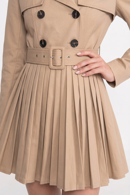 Women's Double Breasted Belted Trench Coat | Khaki | Pleated Skirt | Long Overcoat | Steven & Levon
