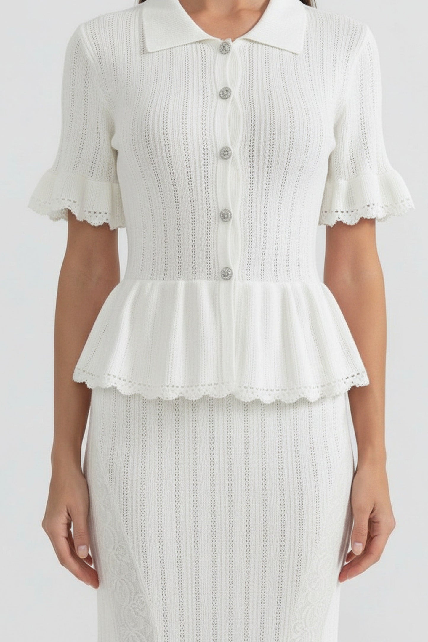 Peter Pan Collar Knit Maxi Dress | Women's Peplum Knit Dress | Lace Hem | White | Steven & Levon