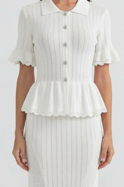 Peter Pan Collar Knit Maxi Dress | Women's Peplum Knit Dress | Lace Hem | White | Steven & Levon