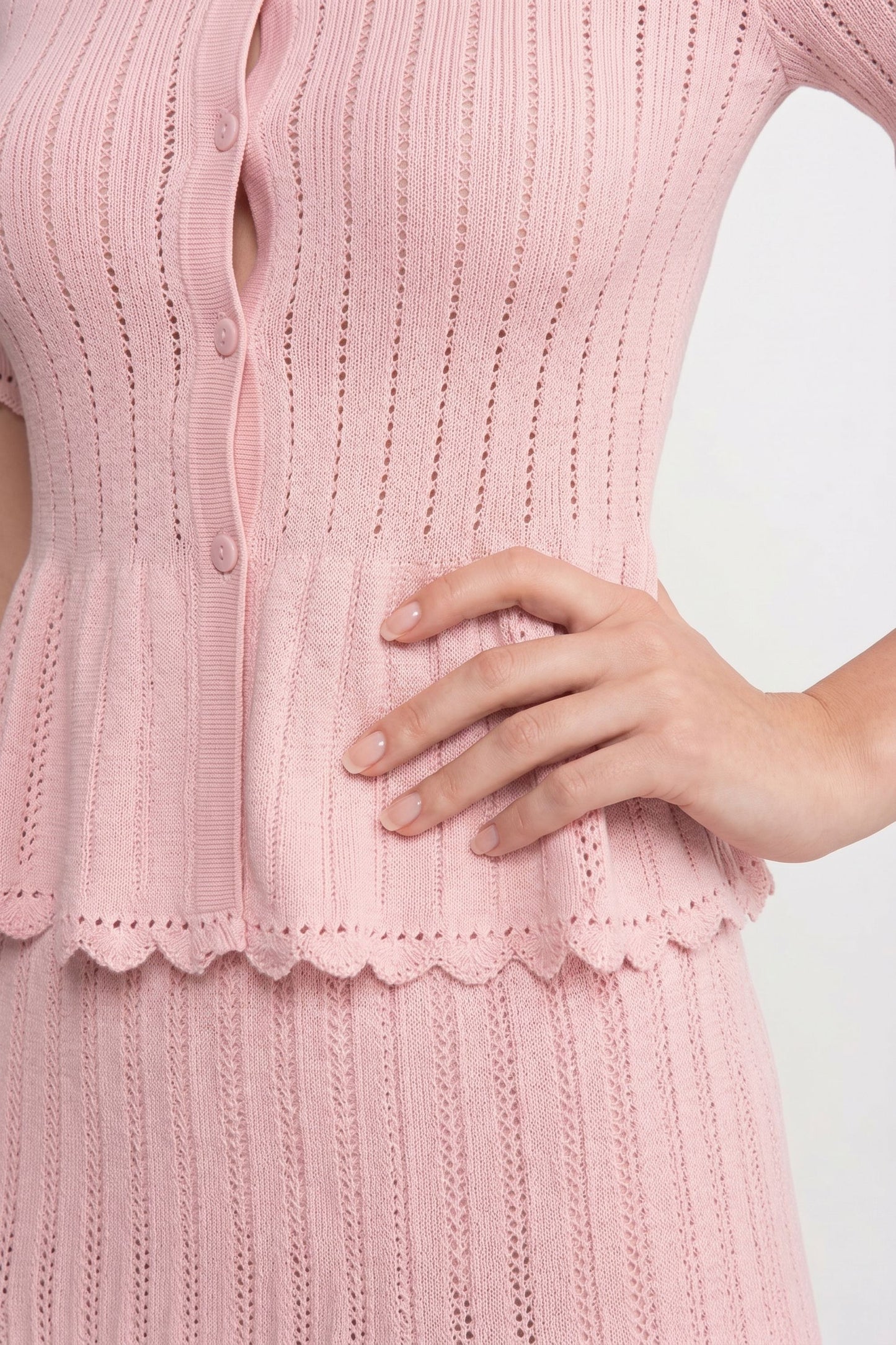 Peter Pan Collar Knit Top & Skirt Set | Women | Lace Hem | Button Front | Pink | Steven & Levon