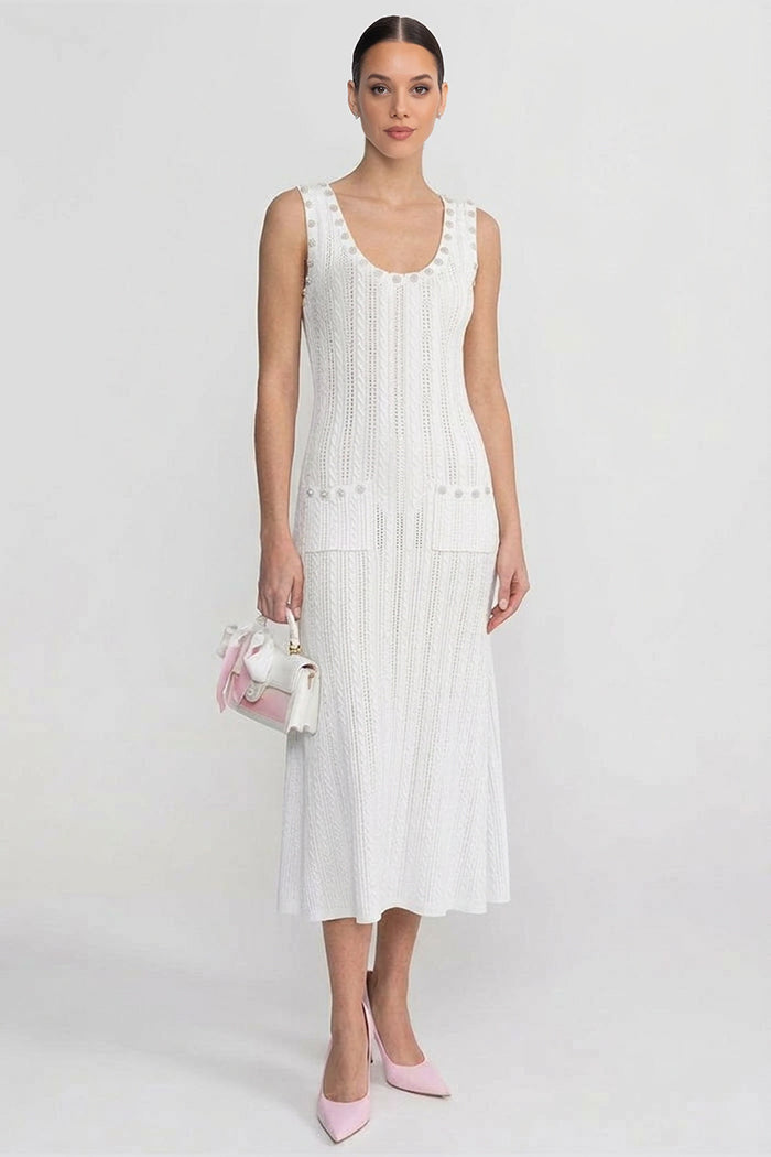 Ribbed Knit Dress & Cardigan Set | Women | Pearl Buttons | White | Steven & Levon