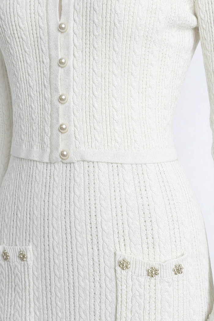 Ribbed Knit Dress & Cardigan Set | Women | Pearl Buttons | White | Steven & Levon