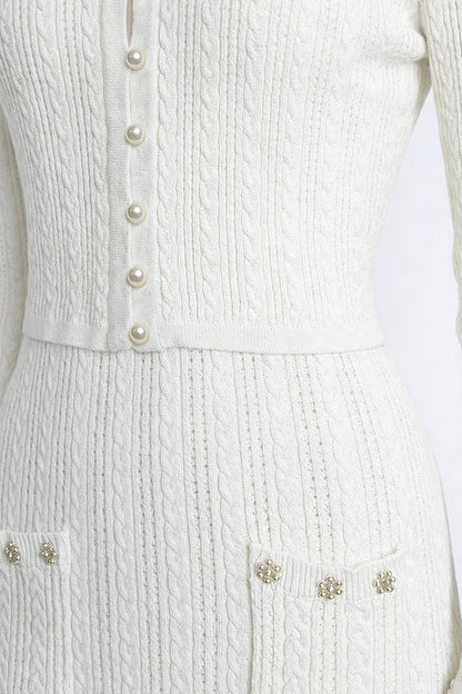 Ribbed Knit Dress & Cardigan Set | Women | Pearl Buttons | White | Steven & Levon