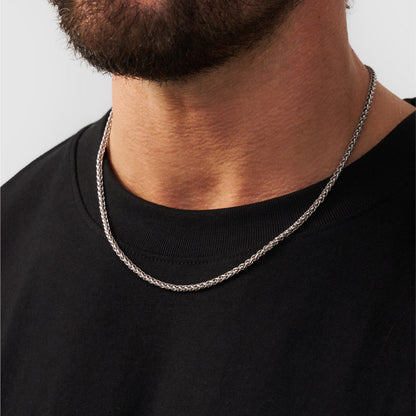 Silver Wheat Chain | Men | 3mm Stainless Steel | Braided Link Design | Statement Necklace | Steven & Levon