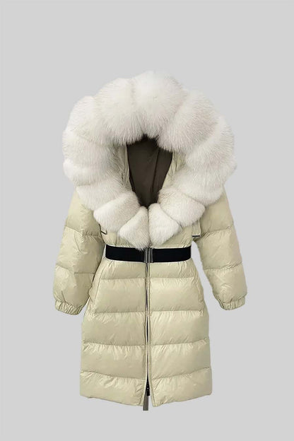Long Puffer Jacket | Women's Quilted Puffer Coat | White Fur-Lined Hood, Ivoire Insulated Winter Outerwear | Steven & Levon