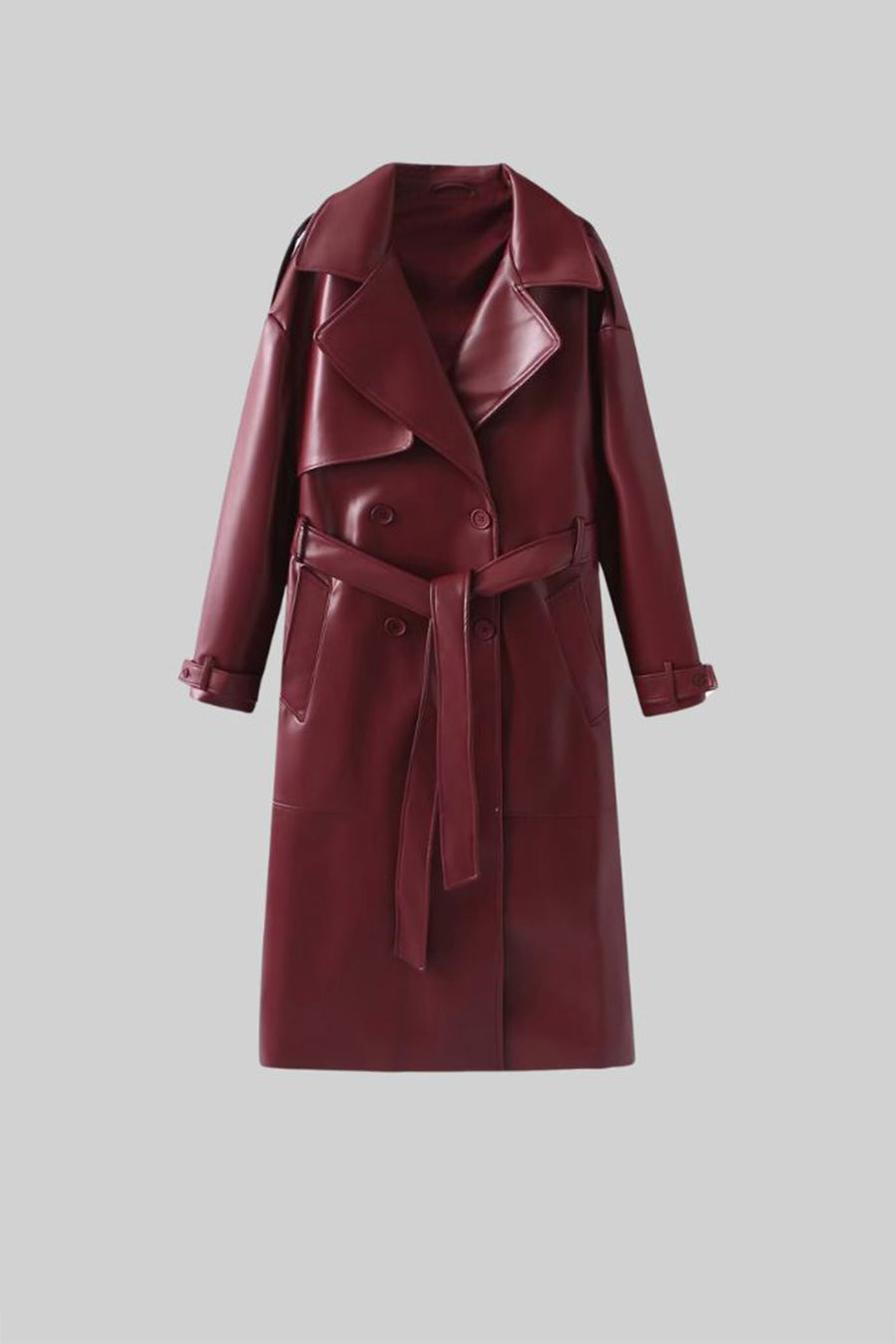Women's Vegan Leather Trench Coat | Burgundy | Belted Long Overcoat | Steven & Levon