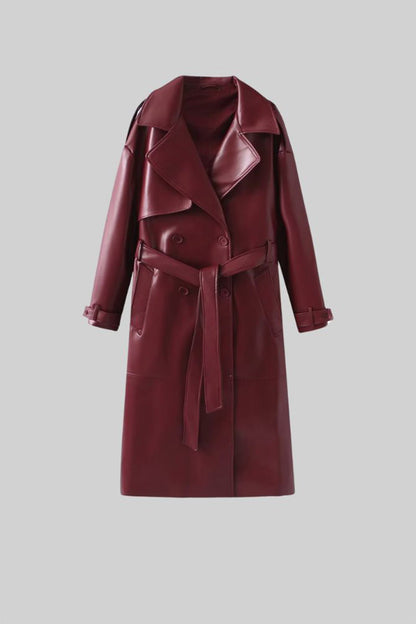 Women's Vegan Leather Trench Coat | Burgundy | Belted Long Overcoat | Steven & Levon