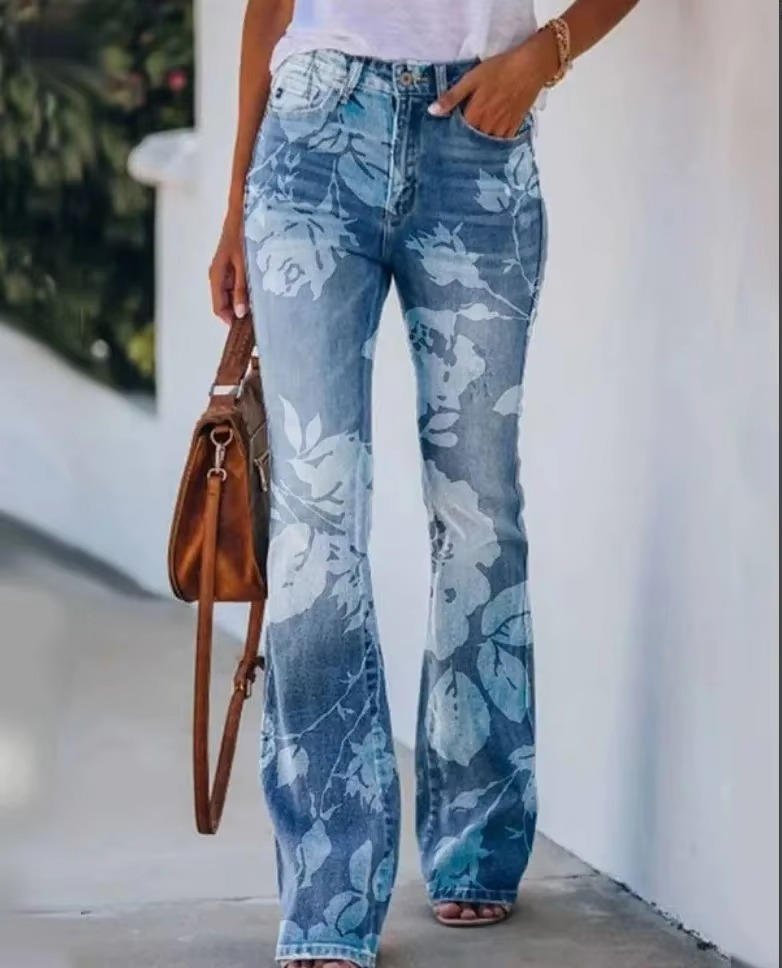 Women's High-Waist Floral Flare Jeans | Botanical Print Denim Pants | Retro Stretch Jeans | Steven & Levon