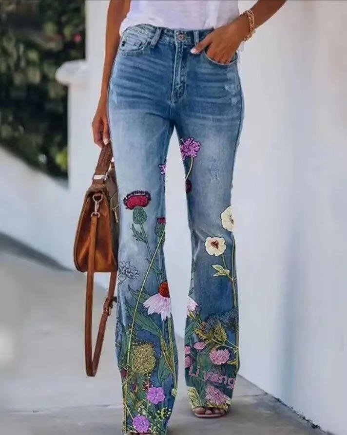Women's High-Waist Floral Flare Jeans | Botanical Print Denim Pants | Retro Stretch Jeans | Steven & Levon