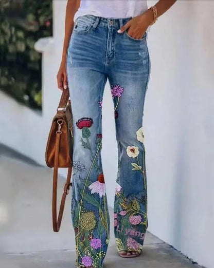 Women's High-Waist Floral Flare Jeans | Botanical Print Denim Pants | Retro Stretch Jeans | Steven & Levon