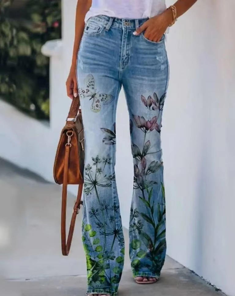 Women's High-Waist Floral Flare Jeans | Botanical Print Denim Pants | Retro Stretch Jeans | Steven & Levon