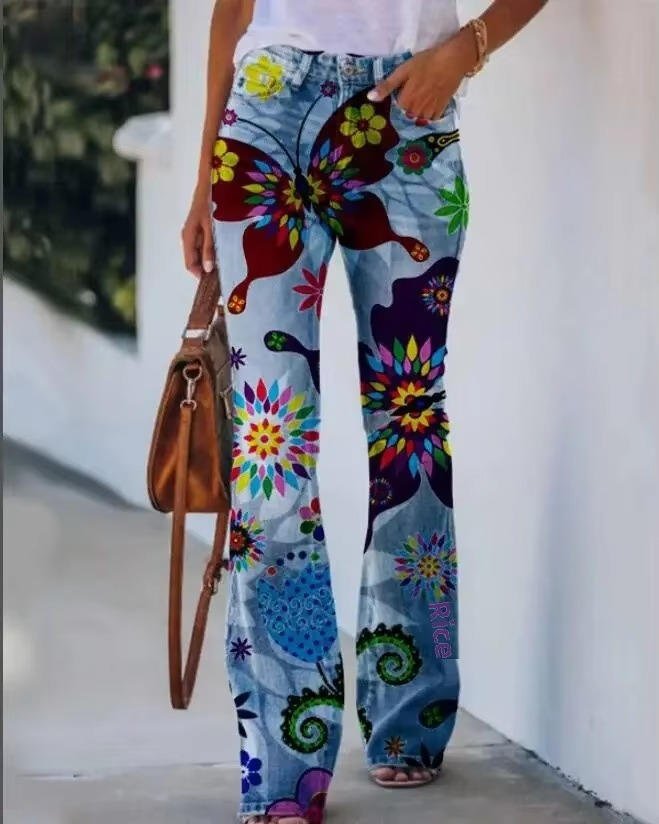 Women's High-Waist Floral Flare Jeans | Botanical Print Denim Pants | Retro Stretch Jeans | Steven & Levon