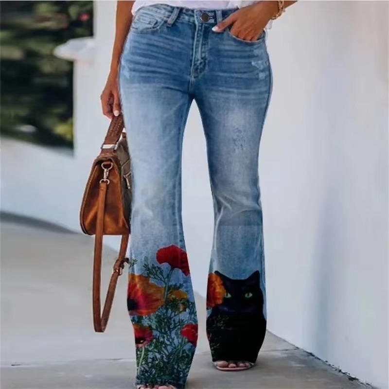 Women's High-Waist Floral Flare Jeans | Botanical Print Denim Pants | Retro Stretch Jeans | Steven & Levon