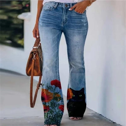 Women's High-Waist Floral Flare Jeans | Botanical Print Denim Pants | Retro Stretch Jeans | Steven & Levon