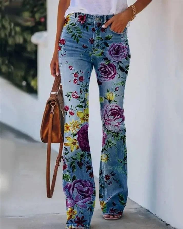 Women's High-Waist Floral Flare Jeans | Botanical Print Denim Pants | Retro Stretch Jeans | Steven & Levon