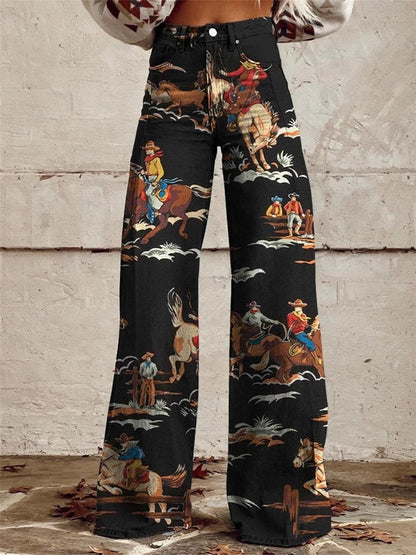Western Print Wide Leg Denim Trousers | Women | High Waist Jeans | Steven & Levon