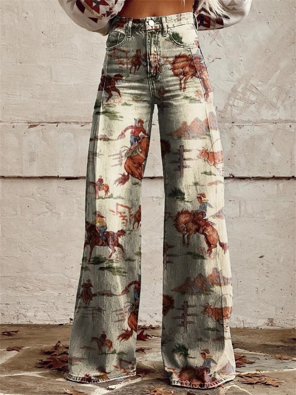 Western Print Wide Leg Denim Trousers | Women | High Waist Jeans | Steven & Levon