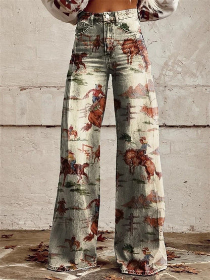 Western Print Wide Leg Denim Trousers | Women | High Waist Jeans | Steven & Levon