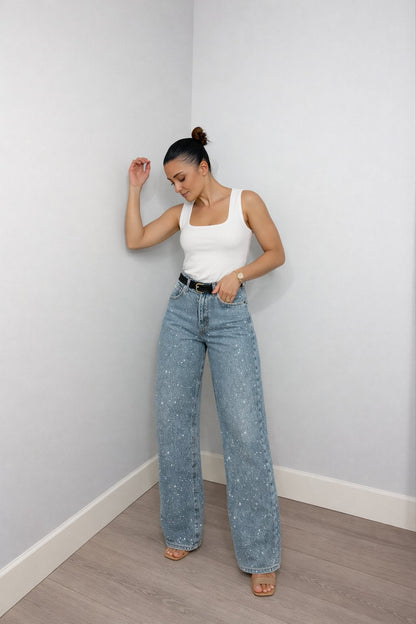 Women's High-Waist Wide-Leg Glitter Denim Jeans | Sparkly Relaxed Fit Blue Jeans | Steven & Levon
