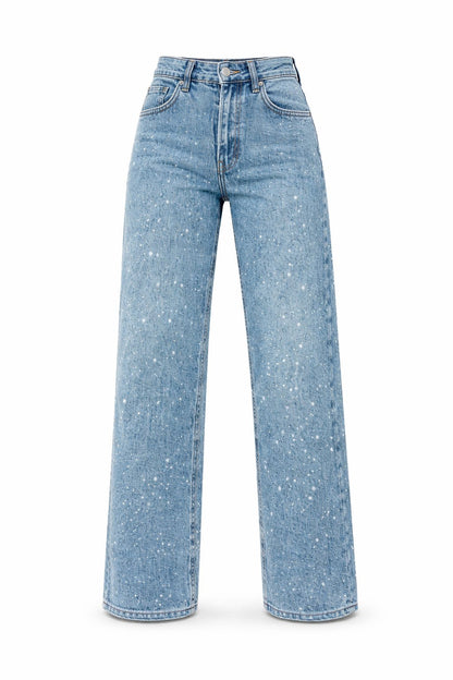 Women's High-Waist Wide-Leg Glitter Denim Jeans | Sparkly Relaxed Fit Blue Jeans | Steven & Levon