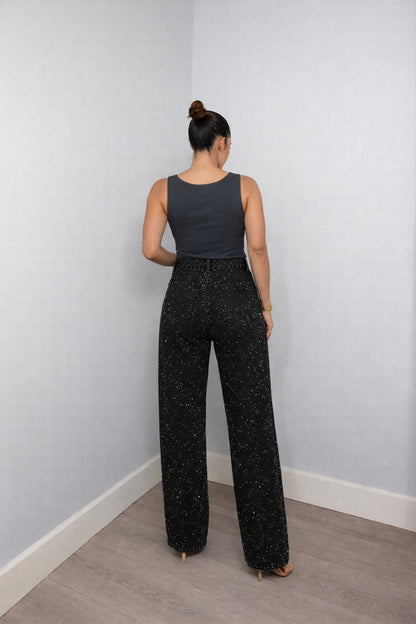 Women's High-Waist Wide-Leg Glitter Denim Jeans | Sparkly Relaxed Fit Blue Jeans | Steven & Levon